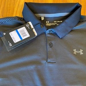 Under Armour boys, YXL button up collar shirt. Black and gray striped.